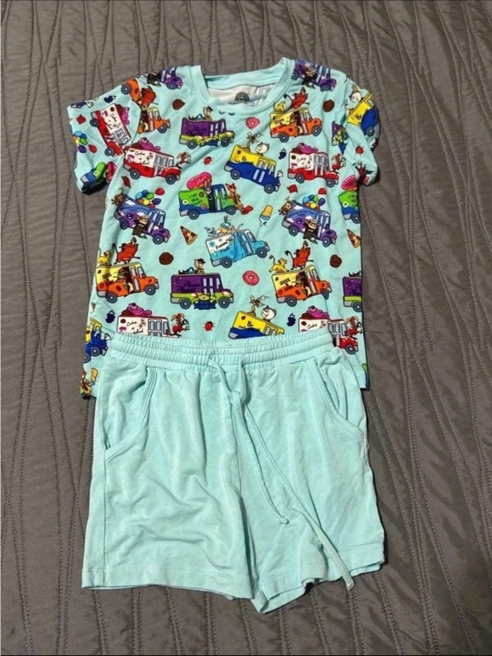 Bamboo Light Blue Short Sleeve Daywear Set in Colorful Disney Food Truck Print